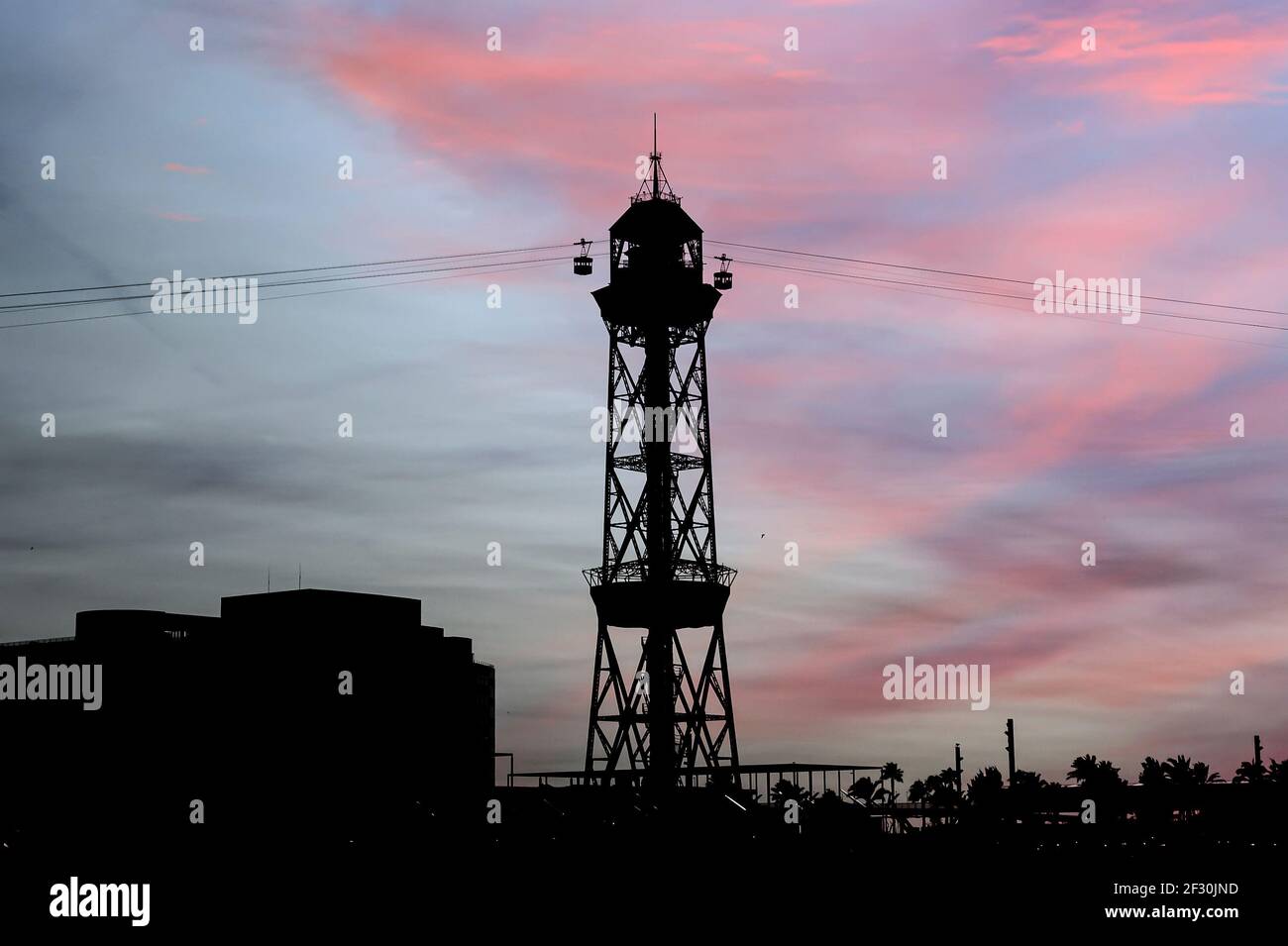 Passenger port in Barcelona with cable car tower Stock Photo - Alamy