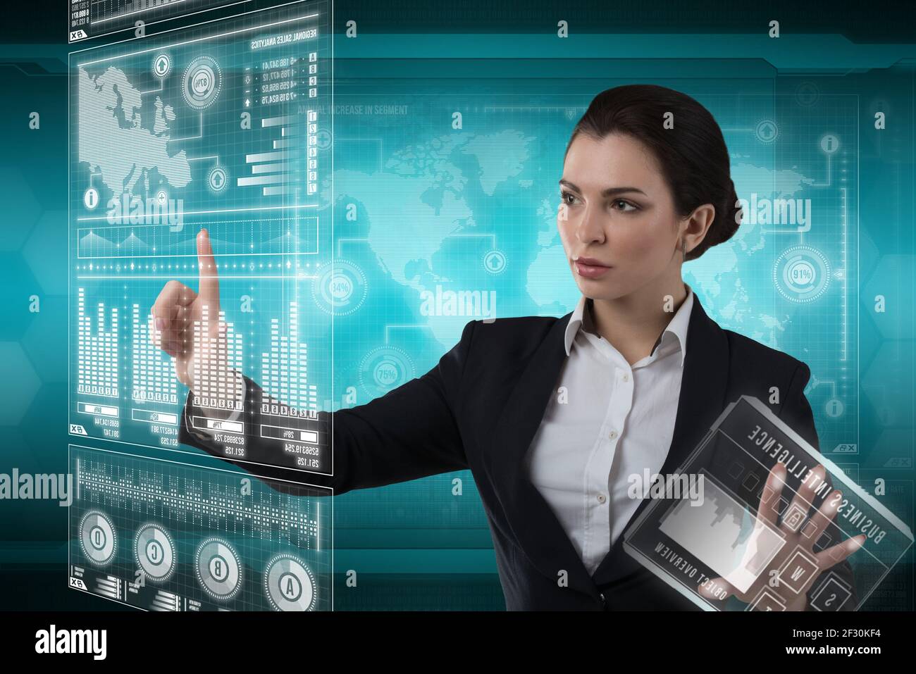 Future technology with holographic interface. Futuristic business woman  touching hologram. Scientific research. Blobal business concept Stock Photo  - Alamy