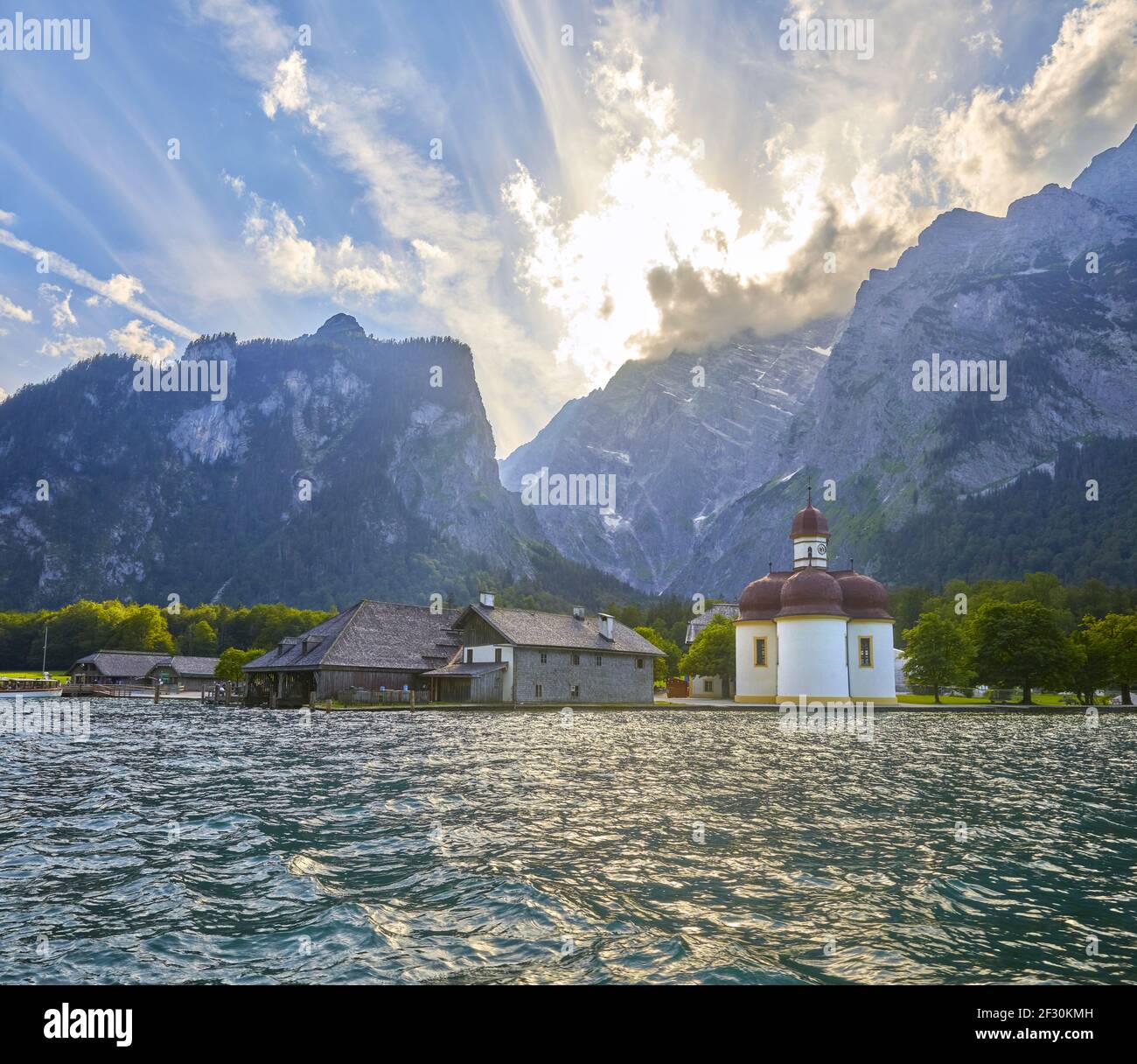Bavarian impressions at Koenigssee, Germany. With the famous pilgrimage church of St. BartholomÃ¤. Stock Photo