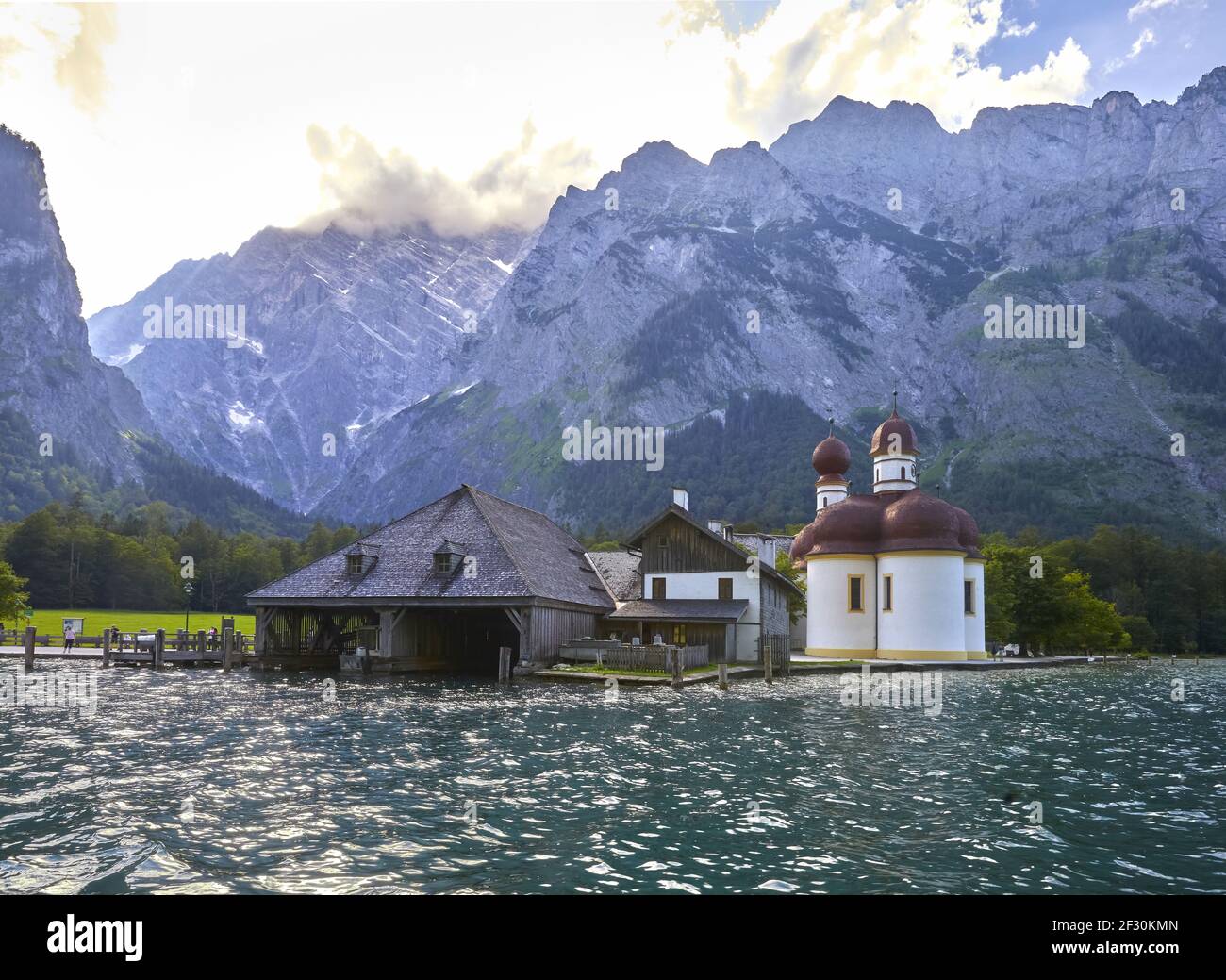 Bavarian impressions at Koenigssee, Germany. With the famous pilgrimage church of St. BartholomÃ¤. Stock Photo