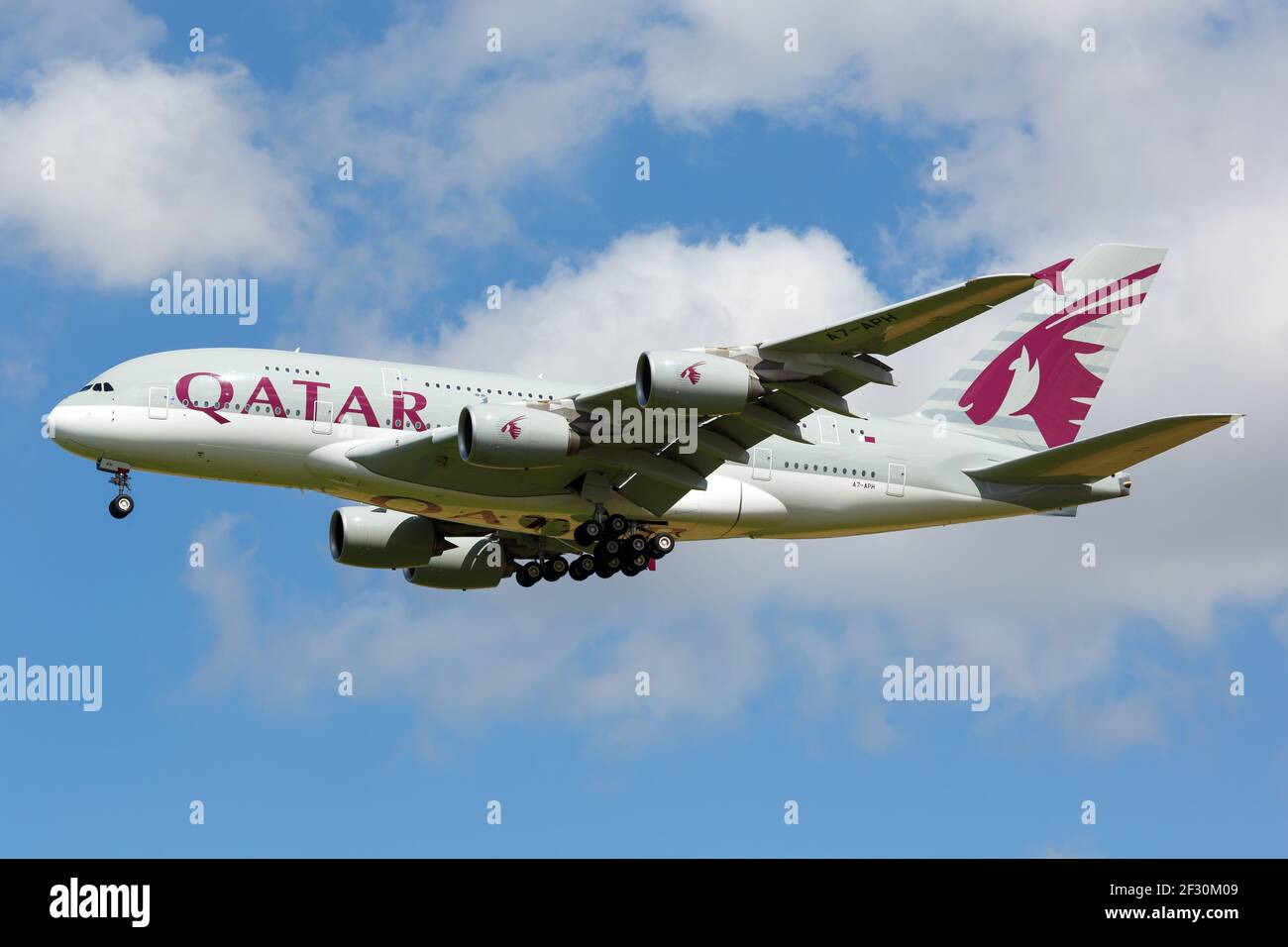 London, United Kingdom - August 17, 2018: Qatar Airways Airbus A380 airplane at London Heathrow airport (LHR) in the United Kingdom. Stock Photo
