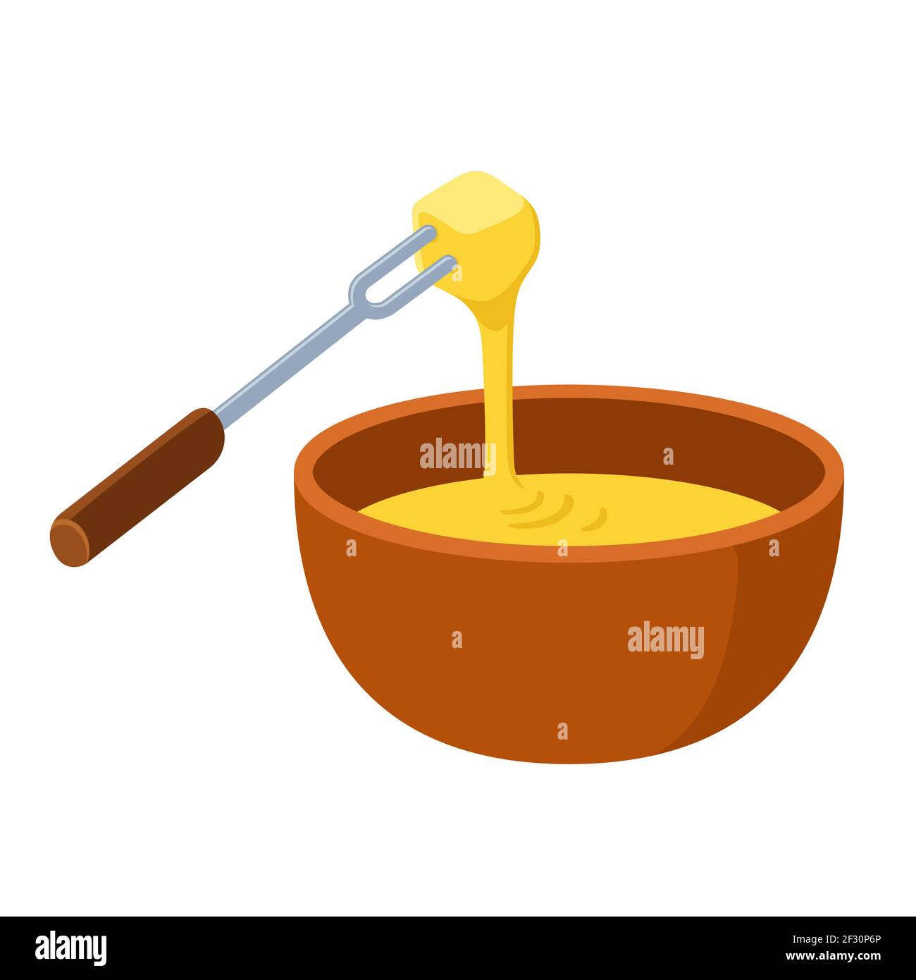 Cheese fondue, traditional Swiss hot pot, dipping food in melted cheese. Cartoon vector clip art illustration. Stock Vector