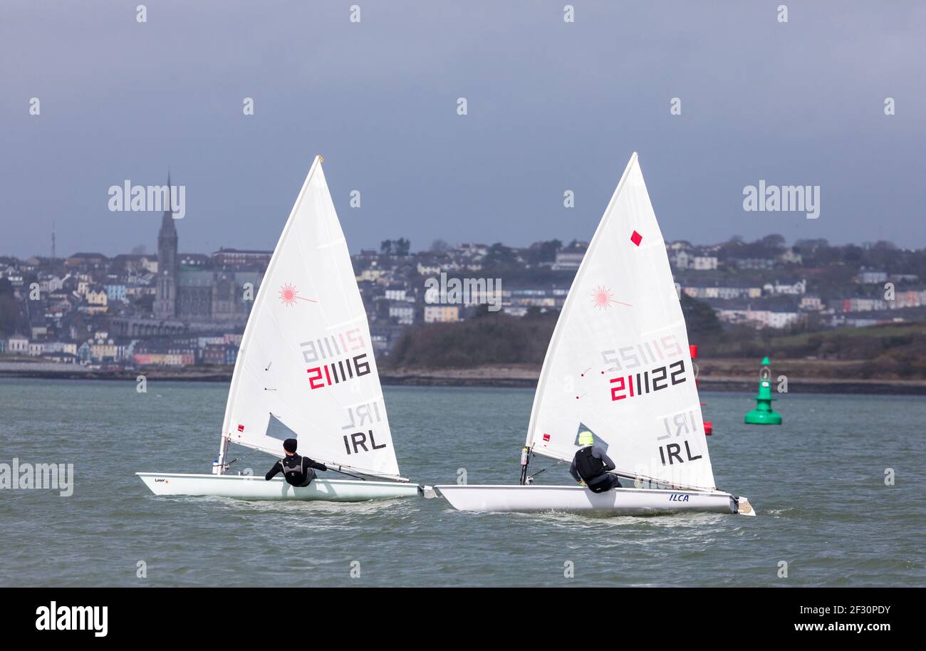Cork Harbour, Cork, Ireland. 14th March, 2021. Johnathan O' Shaughnessy and Michael Crosbie spending an afternoon training as part of the Laser Radial Irish Sailing Junior Academy in Cork Harbour, Cork, Ireland.  - Credit; David Creedon / Alamy Live News Stock Photo