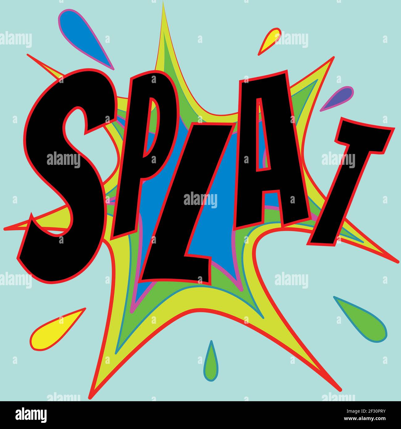 Splat comic star onomatopoeia in orange blue and green. Big black letters Stock Vector