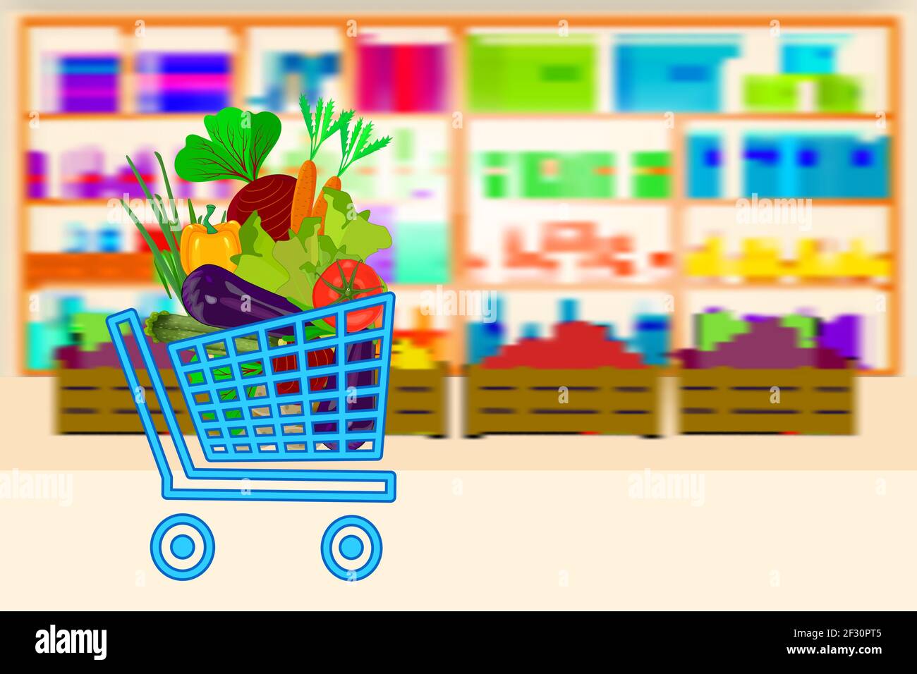 pila Conclusión identificación Shopping cart full of vegetables on supermarket shelves background. Food  store, mall interior inside. Online store banner with shop trolley. Vector  Stock Vector Image & Art - Alamy