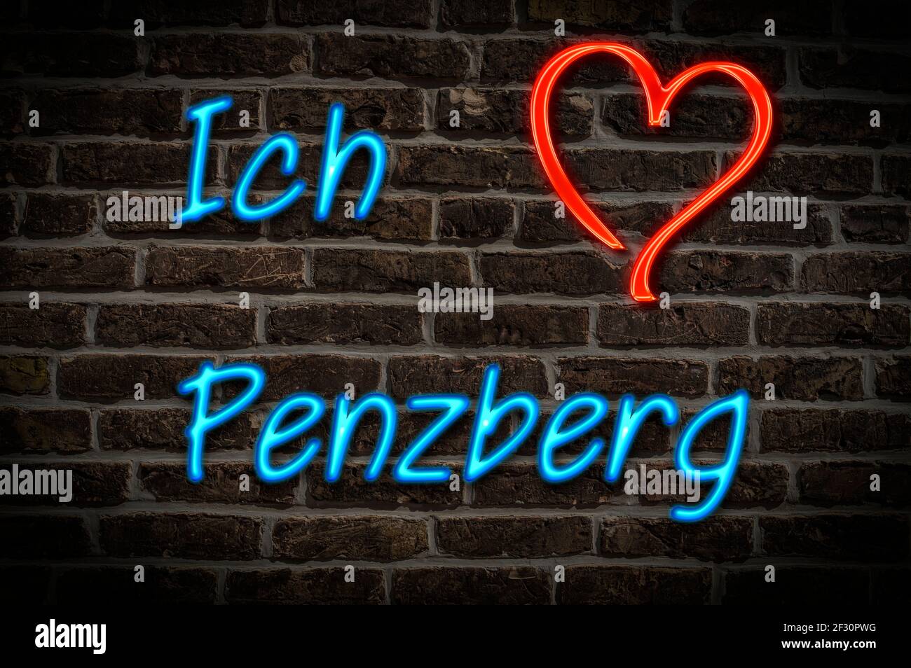 Leuchtreklame, Ich liebe Penzberg, Bayern, Deutschland, Europa | Illuminated advertising, I love Penzberg, Bavaria, Germany, Europe Stock Photo