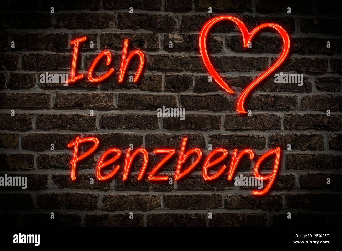 Leuchtreklame, Ich liebe Penzberg, Bayern, Deutschland, Europa | Illuminated advertising, I love Penzberg, Bavaria, Germany, Europe Stock Photo