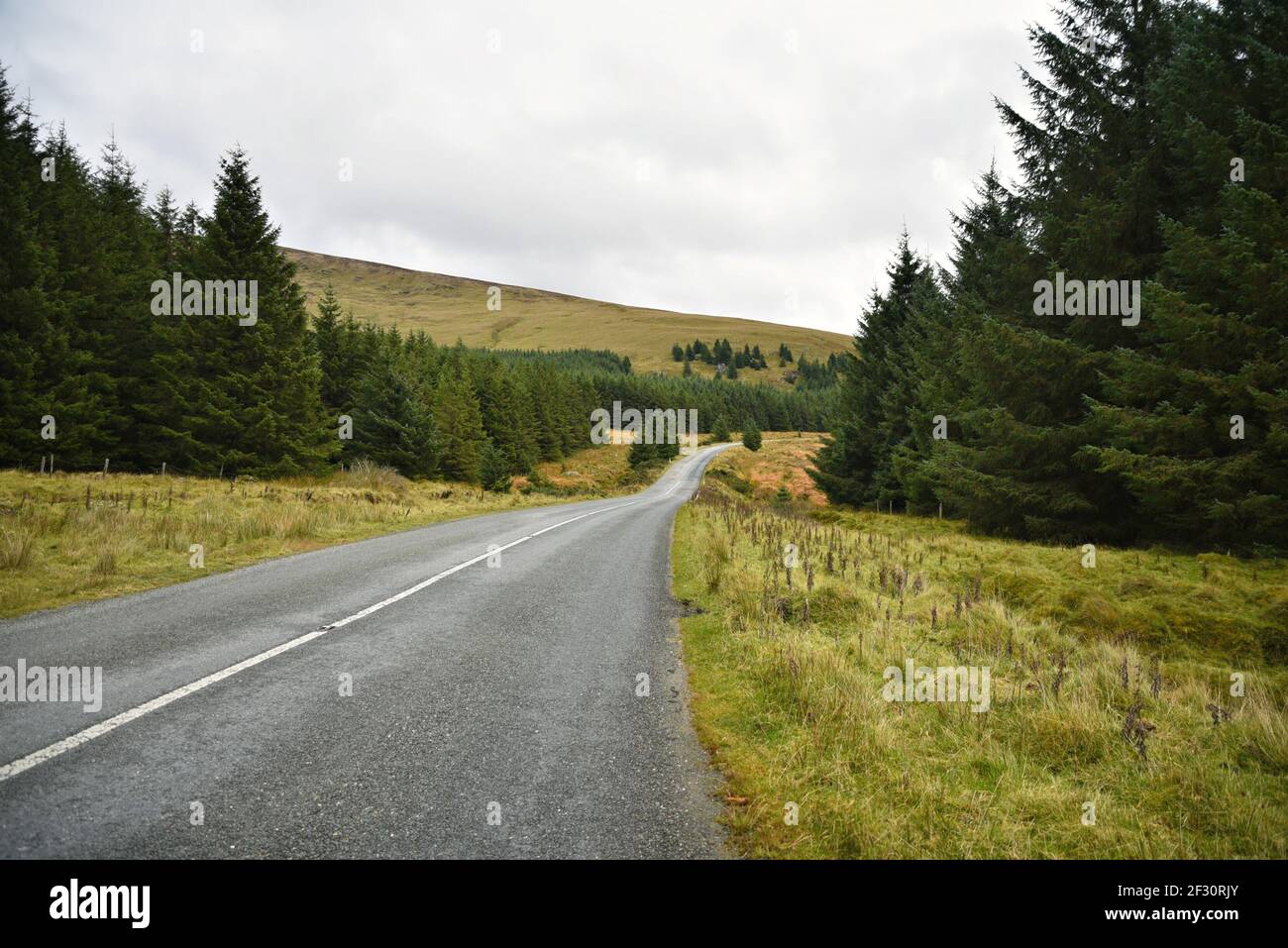Autumn landscape with an isolated rural highway in the countryside of County Wicklow in Leinster, Ireland. Stock Photo