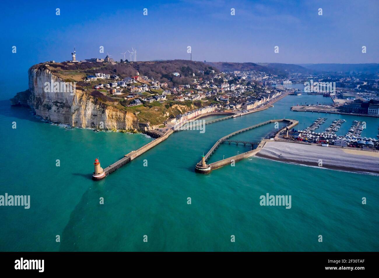 France, Seine-Maritime (76), Fécamp, the cliffs of Cap Fagnet and the city (aerial view) Stock Photo