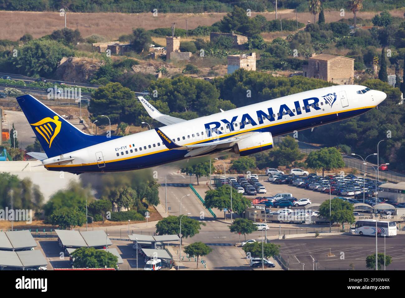 Palma de Mallorca, Spain - July 21, 2018: Aerial photo of a Ryanair Boeing B737-800 airplane at Palma de Mallorca airport in Spain. Stock Photo