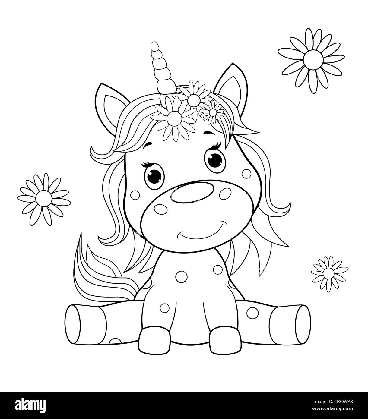 A small sitting unicorn is drawn in black contour lines for children's coloring. Unicorn baby on a white background. Stock Vector