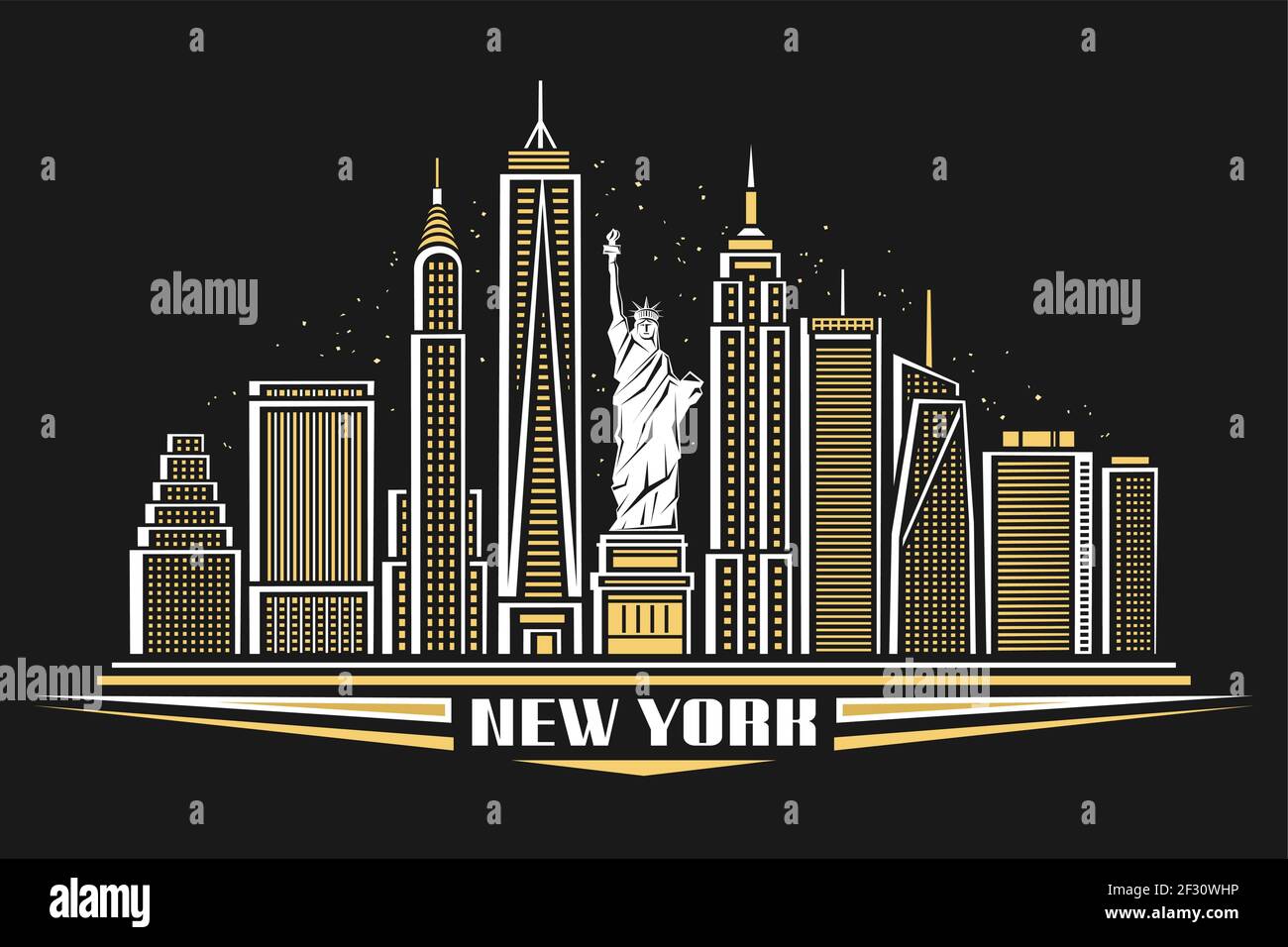 Vector illustration of New York City, poster with symbol of NYC - Statue of Liberty and outline modern city scape, urban contemporary concept with dec Stock Vector