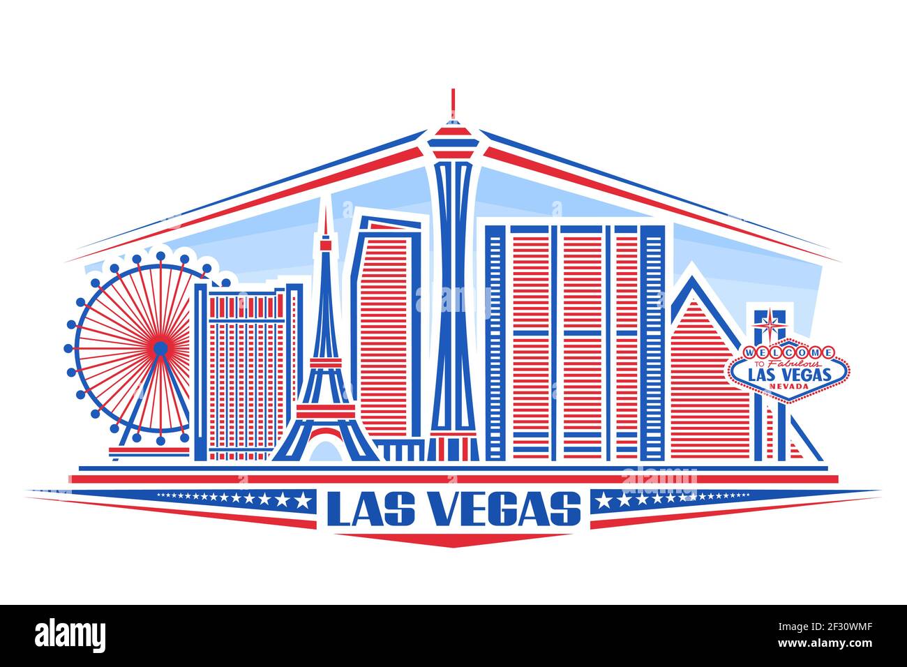 Vector illustration of Las Vegas, horizontal poster with simple design buildings and outline landmarks, urban concept with modern city scape, unique f Stock Vector