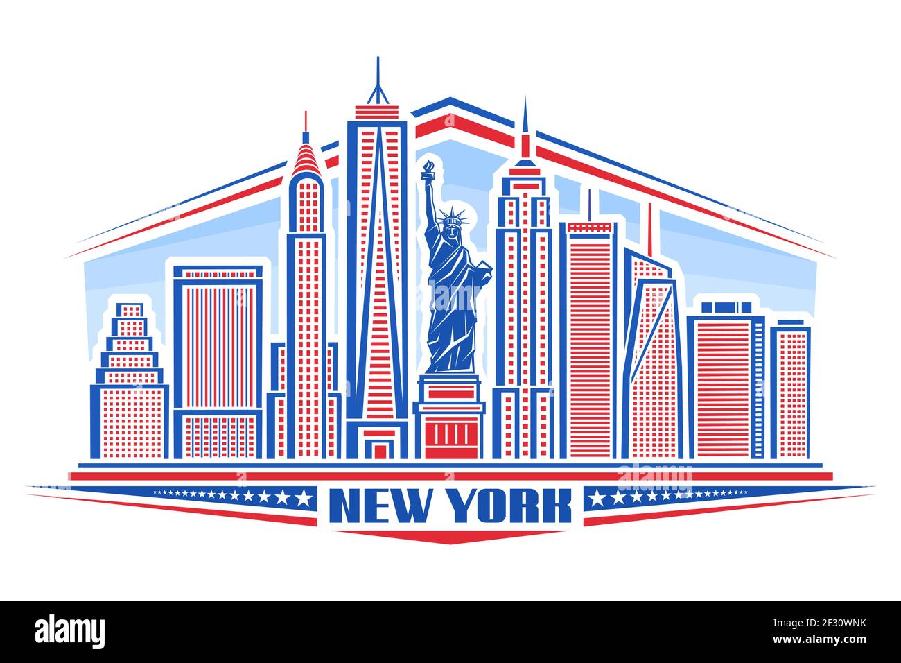 Vector illustration of New York City, blue and red poster with symbol of NYC - Statue of Liberty and outline modern city scape, art design urban conce Stock Vector