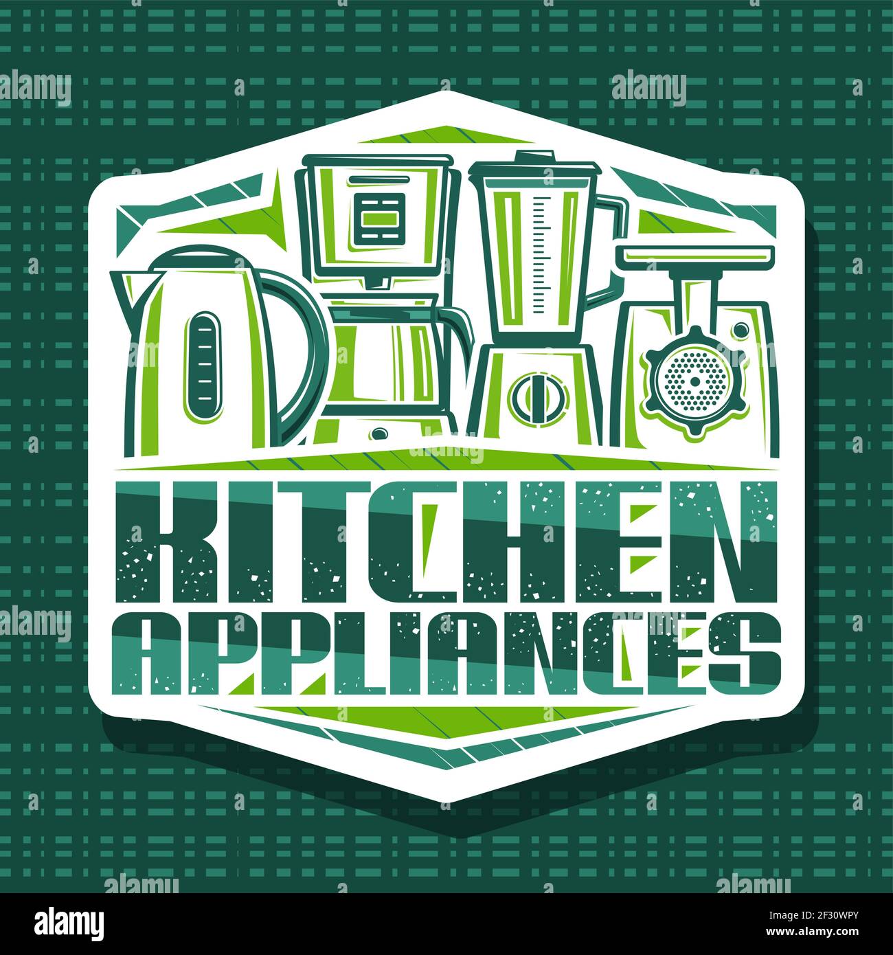 Vector logo for Kitchen Appliances, decorative sign board with illustration of different modern small home appliance, tag with unique brush lettering Stock Vector