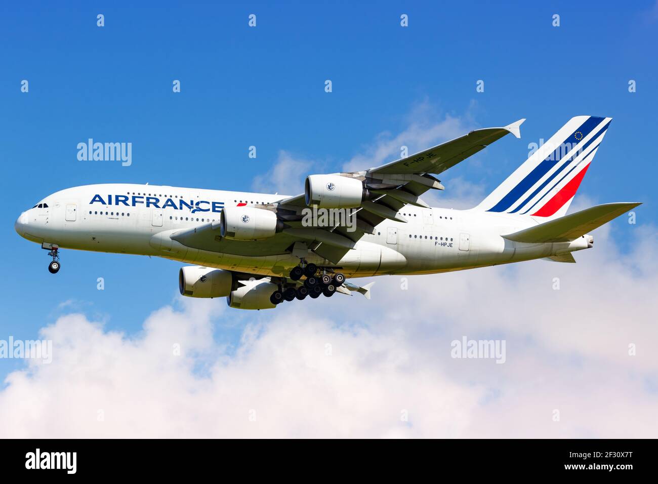 Paris, France - August 17, 2018: Air France Airbus A380 airplane at Paris Charles de Gaulle airport in France. Stock Photo