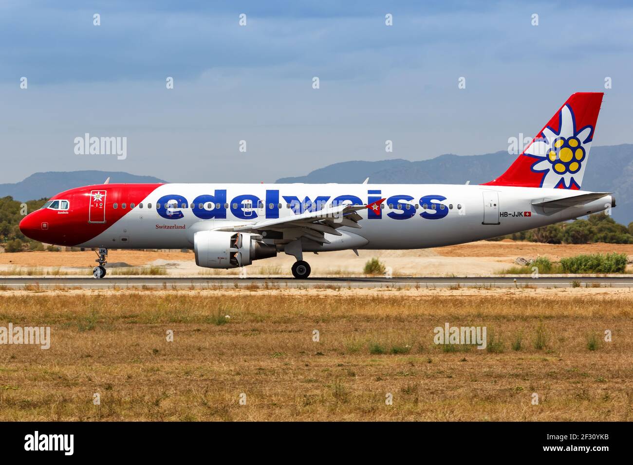 Palma de Mallorca, Spain - July 22, 2018: Edelweiss Airbus A320 airplane at Palma de Mallorca airport in Spain. Airbus is a European aircraft manufact Stock Photo