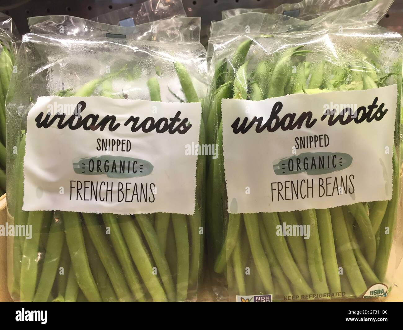 Bags of French Green Beans,  Fresh Produce Section, Food Market, Grand Central Terminal, NYC,USA Stock Photo