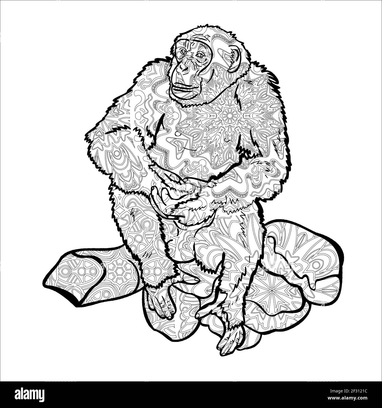Chimpanzee sitting on rock, drawing with pattern for coloring, vector illustration. Stock Vector