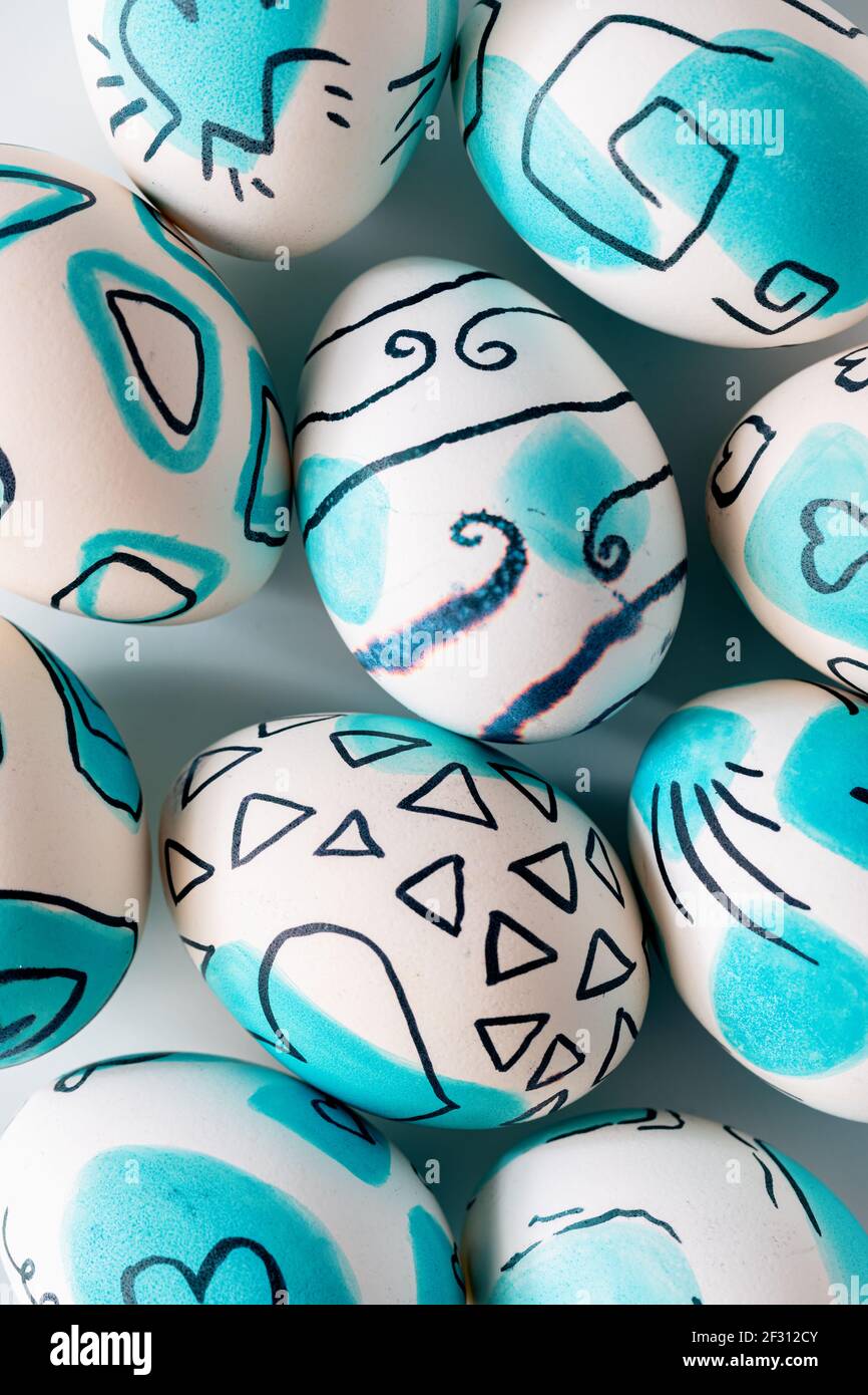 Creative trendy painted easter eggs. Easter ideas. Stock Photo