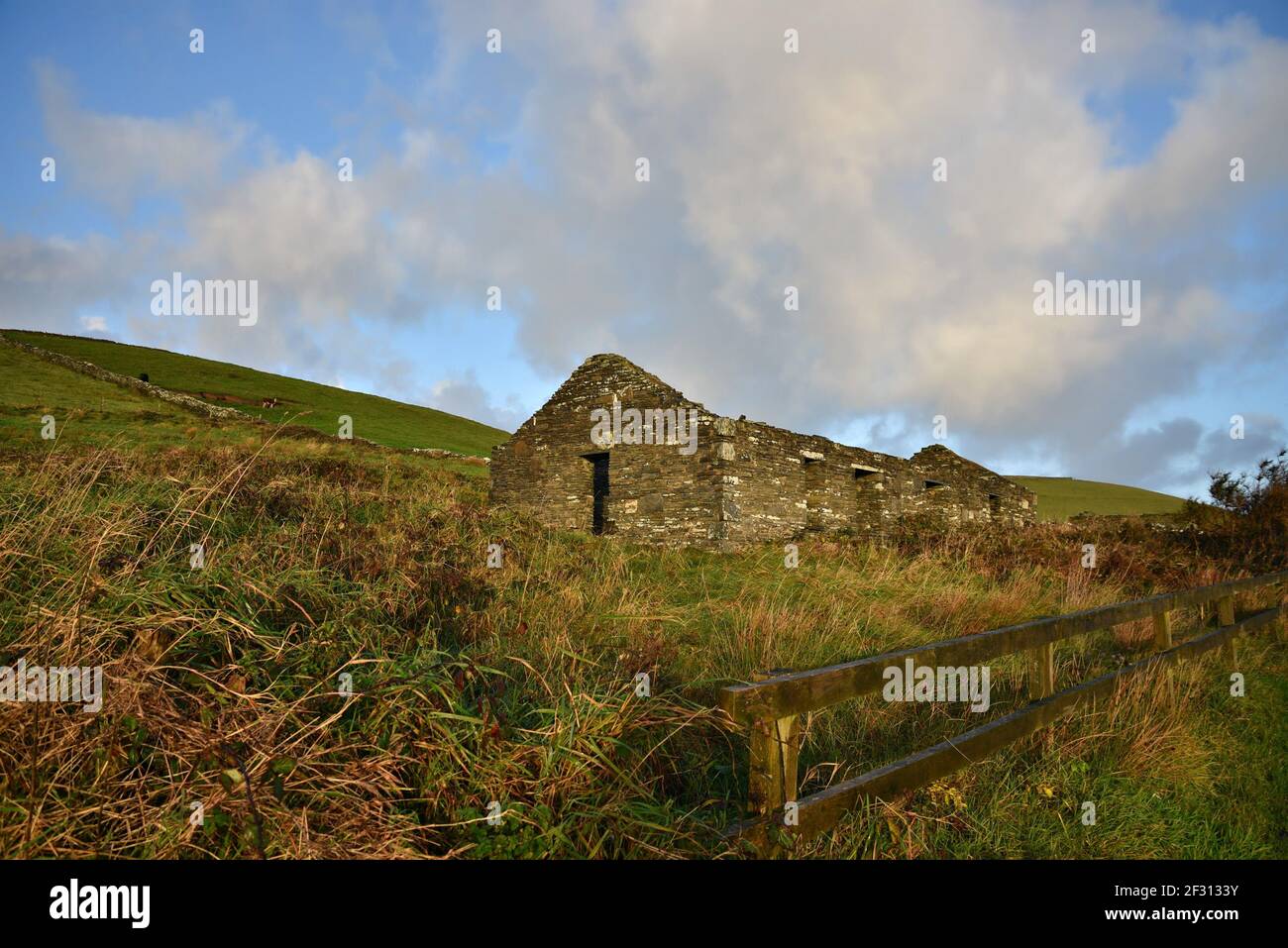 Irish landscape with an abandoned stone house in the countryside of Doolin in County Clare, Ireland. Stock Photo