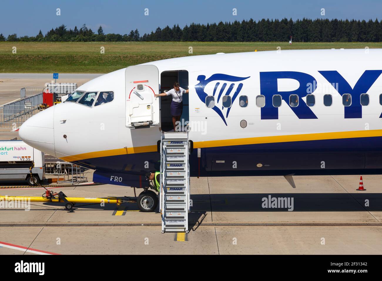 Lautzenhausen, Germany - July 27, 2018: Ryanair Boeing B737-800 airplane at Frankfurt Hahn Airport in Germany. Boeing is an American aircraft manufact Stock Photo