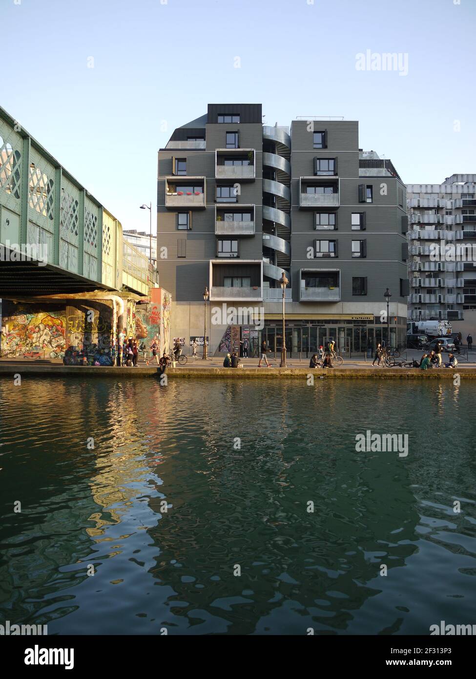 The banks of the Ourcq canal, north of Paris, the new trendy district where buildings are growing Stock Photo