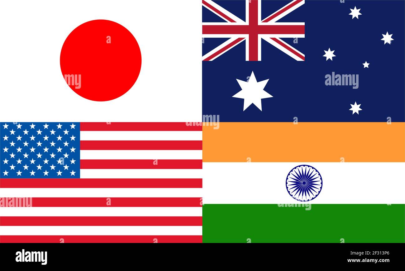 japan,australia,usa and india Quad plus countries flags. Stock Photo