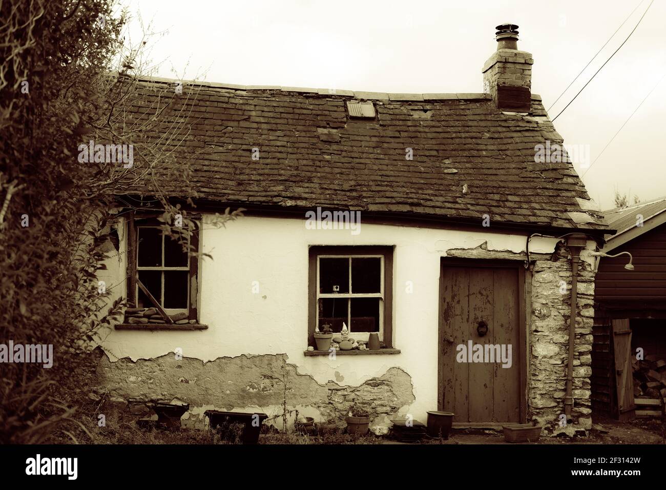 Ruined Cardiganshire Cottage in Cnwch Coch, Ceredigion, Wales. Part cob and stone with a slate roof. Stock Photo