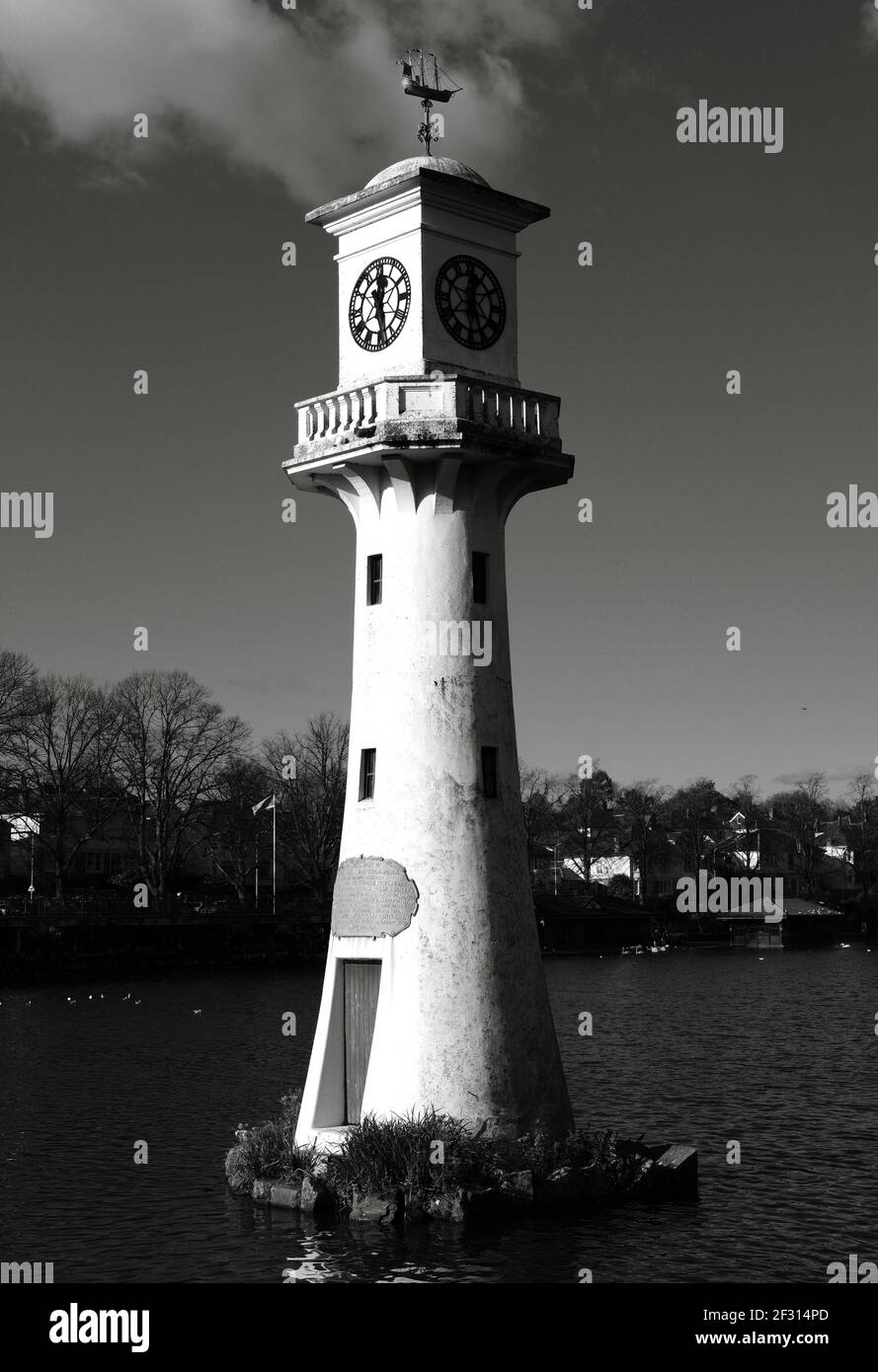A black and white image of The Scott Clock Tower, situated in Roath ...