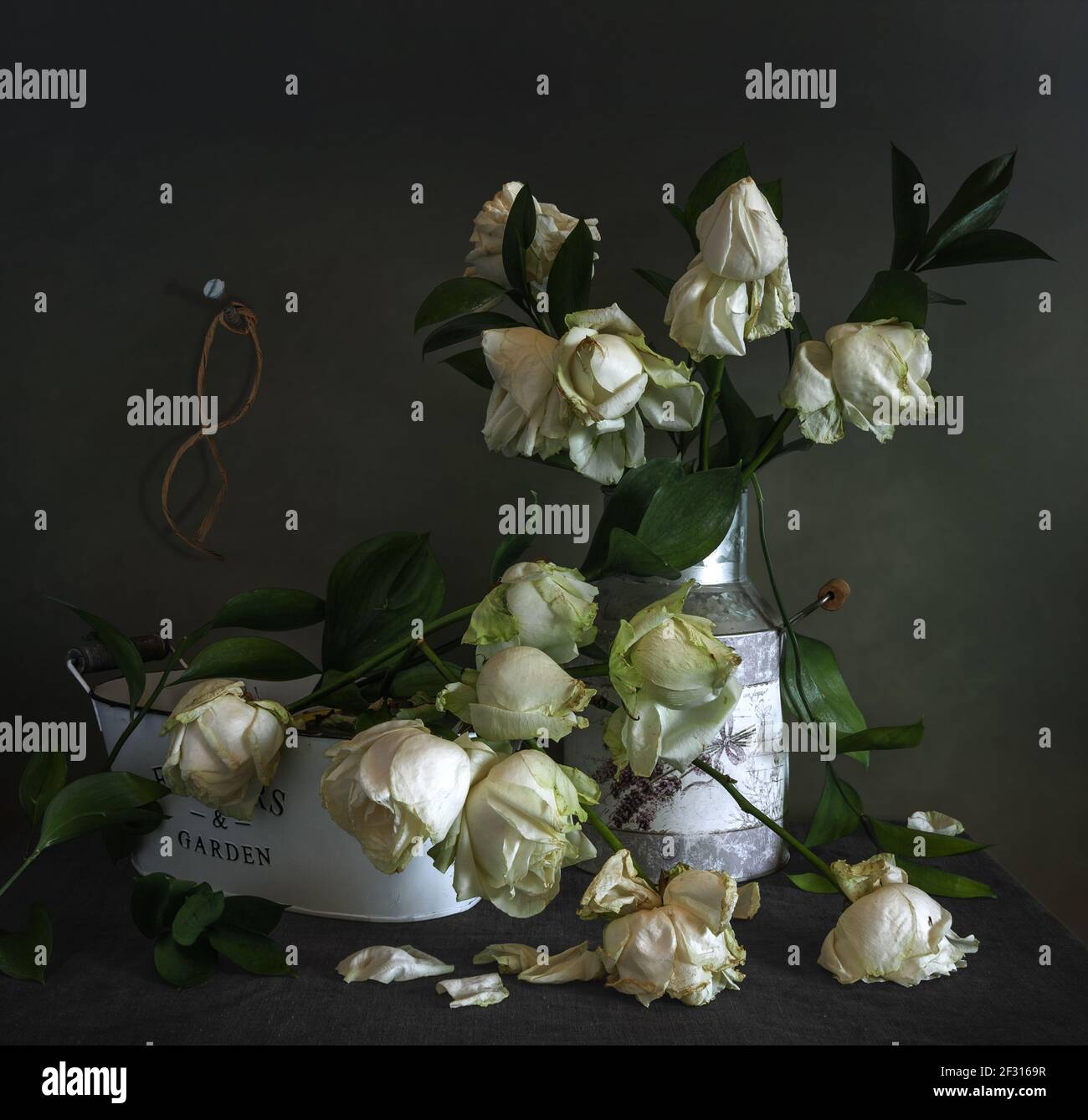 Still life with a bouquet of white withered roses. Vintage Stock Photo ...