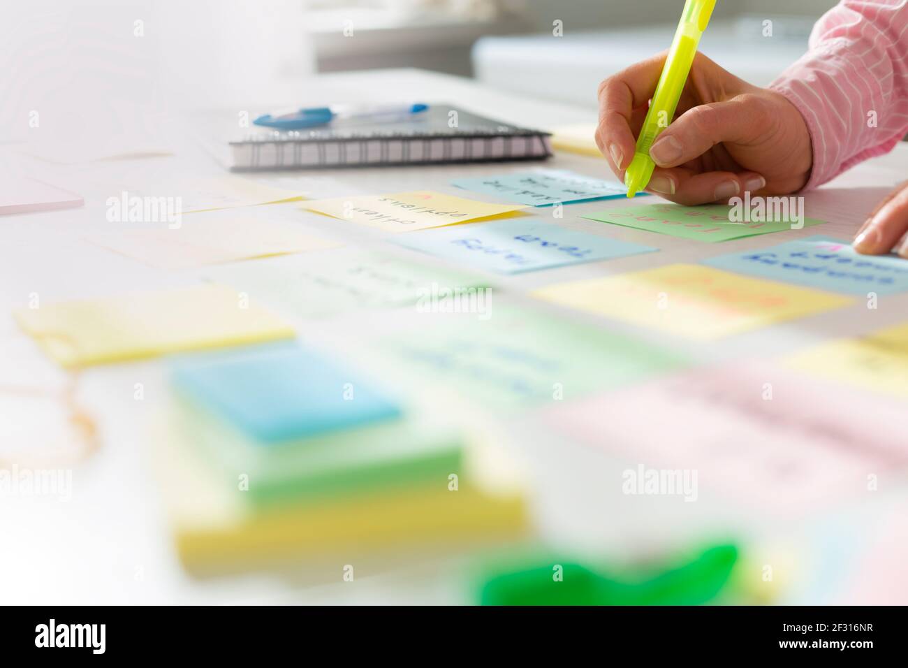 Business Development Sticky Notes Business woman working on a project using sticky notes on her desktop ...