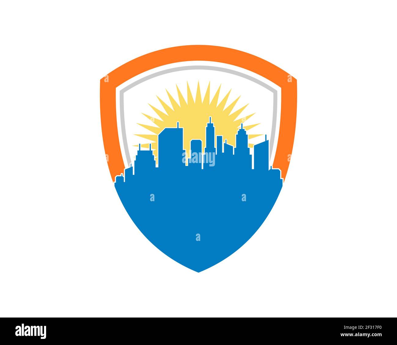 City building with shield protection shape Stock Photo