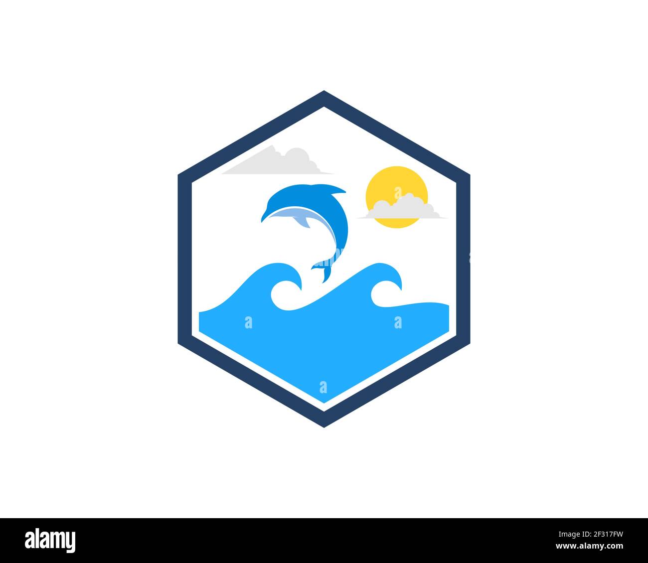 Hexagonal shape with beach wave and jumping dolphin Stock Photo