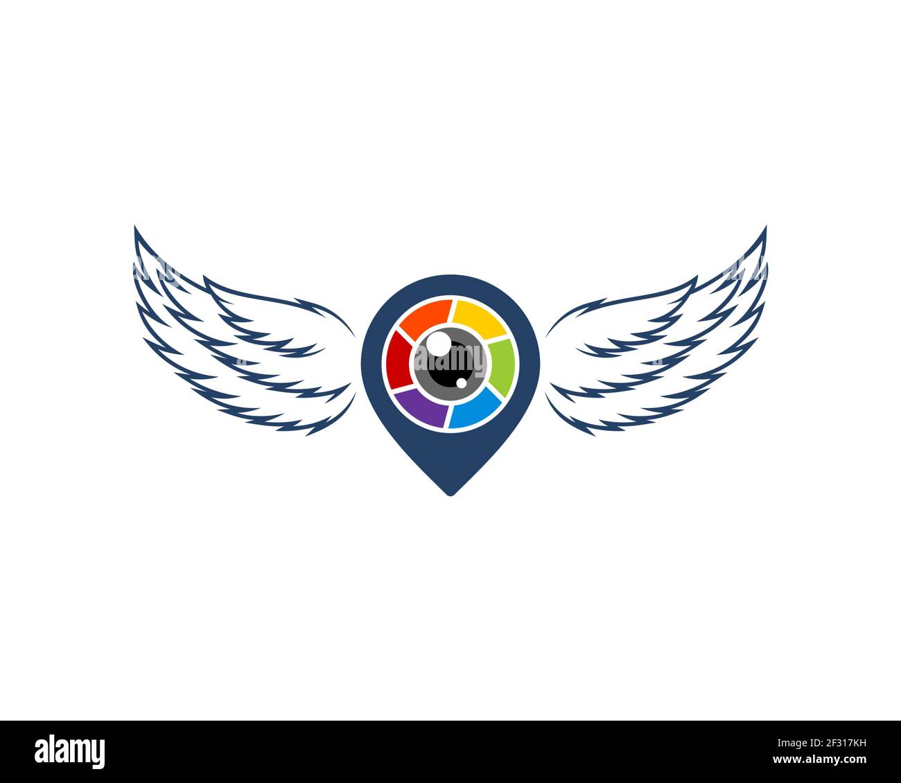 Pin location with lens camera and wings Stock Photo