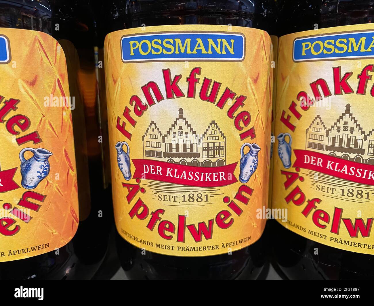 Viersen, Germany - March 1. 2021: Closeup of possmann frankfurter aplle wine in shelf of german supermarket Stock Photo