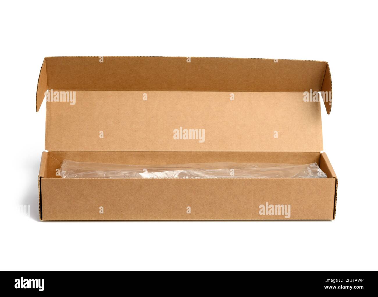Narrow rectangular open cardboard box isolated on white background ...
