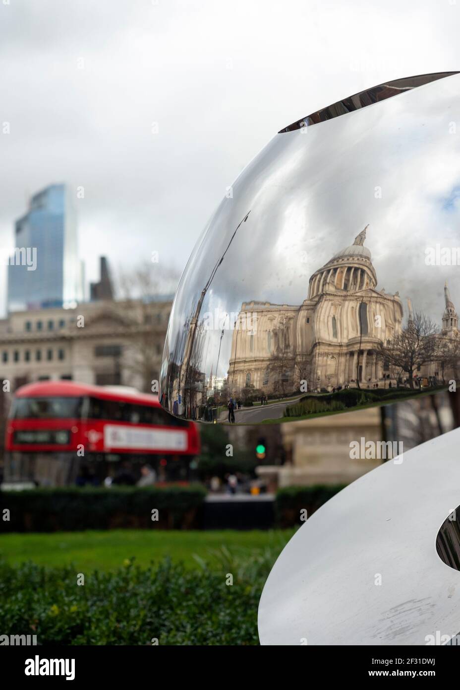Unusual view of St. Paul's Cathedral London reflected in polished