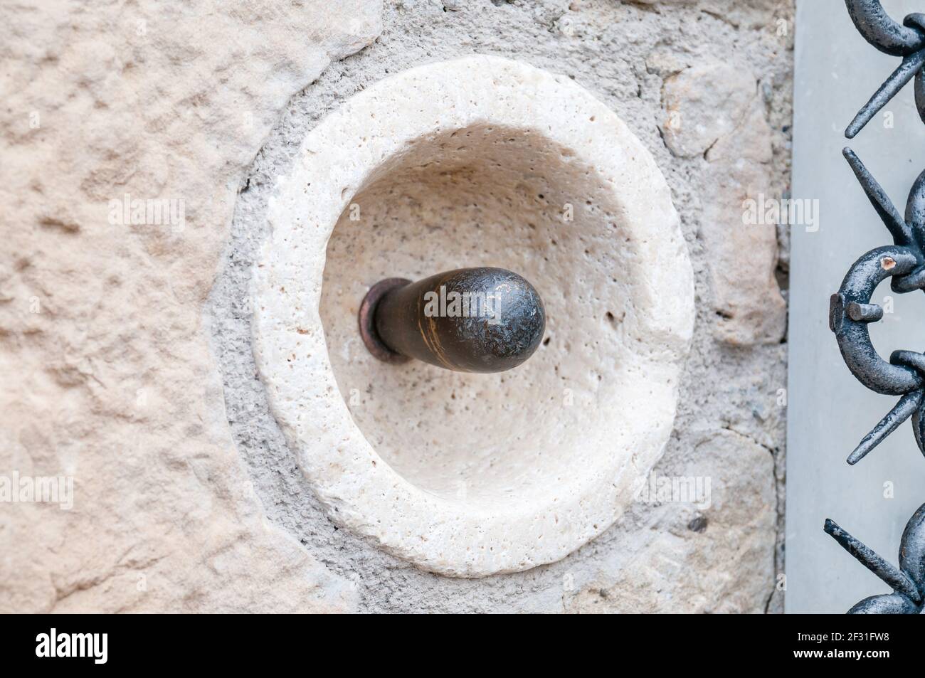 old doorbell, outside a house in Talamanca, Catalonia, Spain Stock Photo