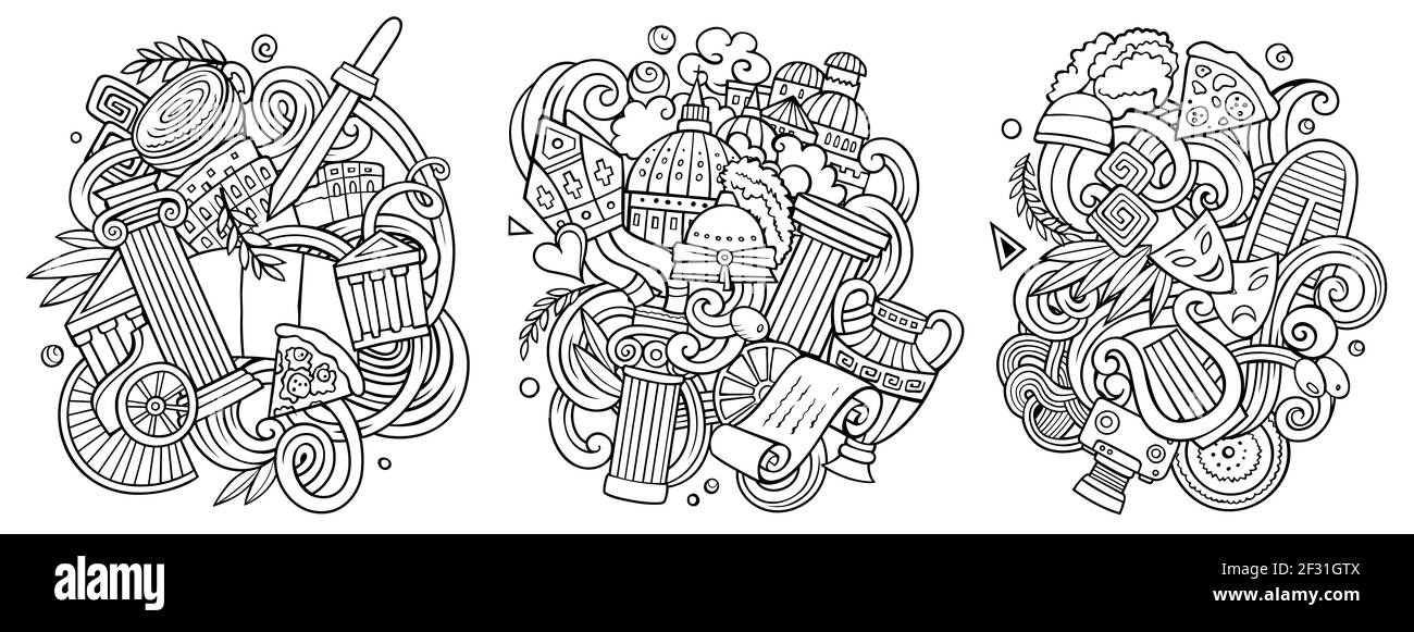 Italy cartoon vector doodle designs set. Line art detailed compositions with lot of Italian objects and symbols. Isolated on white illustrations Stock Vector