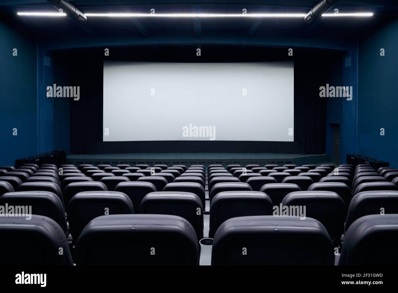 Cinema auditorium with black seats and white blank screen. Concept of ...