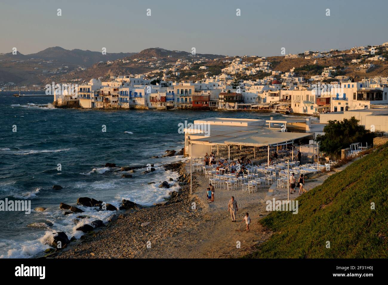 geography / travel, Greece, district Little-Venice in the last daylight, Chora or Mykonos-Stadt, Mykon, Additional-Rights-Clearance-Info-Not-Available Stock Photo