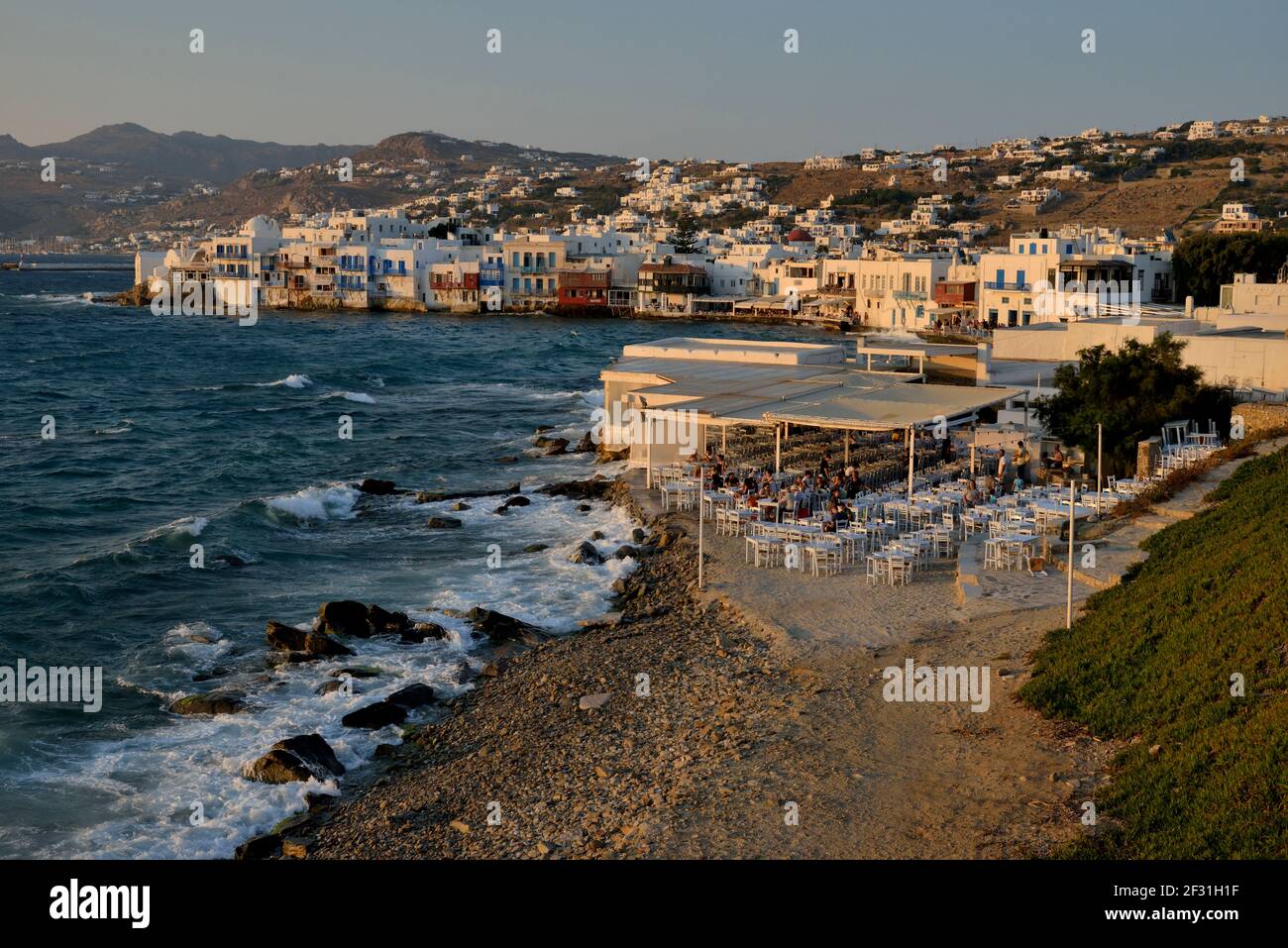 geography / travel, Greece, district Little-Venice in the last daylight, Chora or Mykonos-Stadt, Mykon, Additional-Rights-Clearance-Info-Not-Available Stock Photo