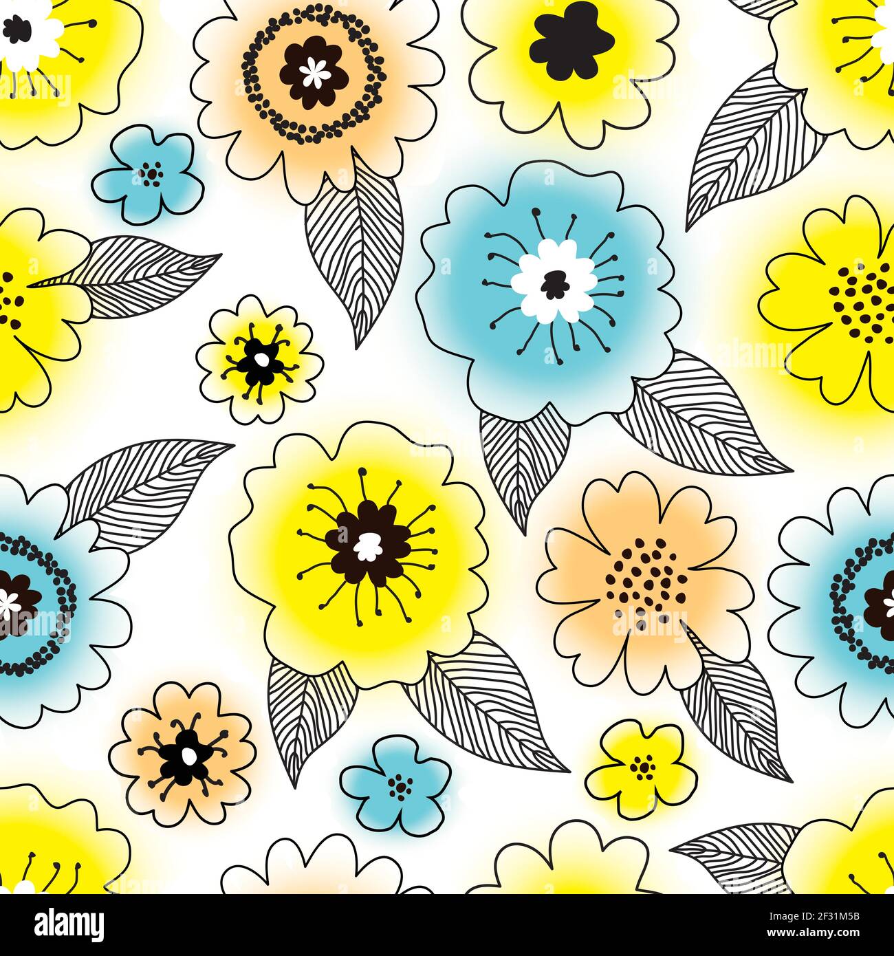 Seamless cute floral pattern with hand drawn various colorful gradient