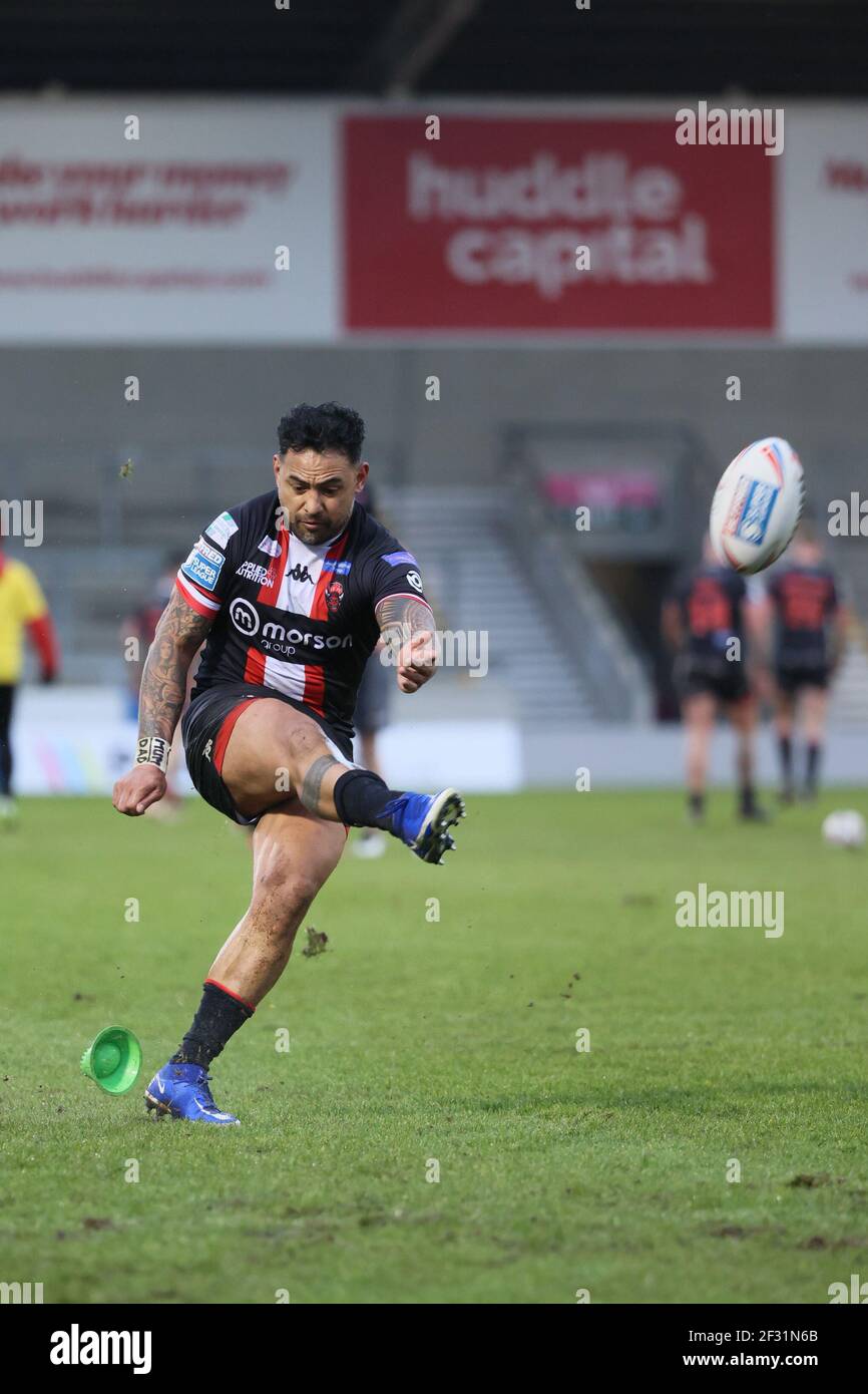 MANCHESTER, UK. MARCH 14. Krisnan Inu of Salford Red Devils makes a conversion during the pre-season match between Salford Red Devils and Wigan Warriors at AJ Bell Stadium, Eccles on Sunday 14th March 2021. (Credit: Pat Scaasi | MI News) Credit: MI News & Sport /Alamy Live News Stock Photo