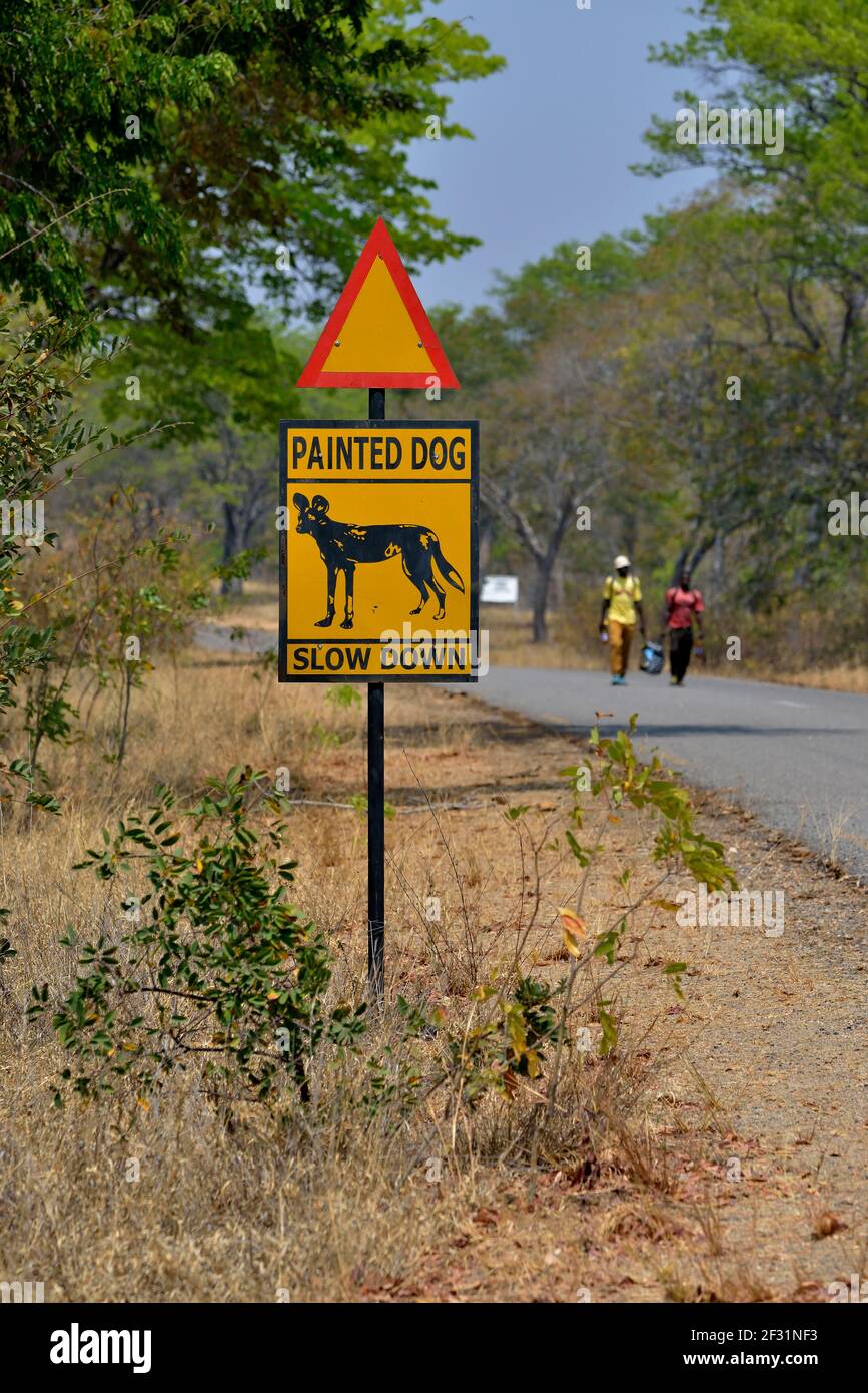 geography / travel, Zimbabwe, sign 'Achtung Afrikanische Wildhunde', Hwange-Nationalpark, at Hwange, p, Additional-Rights-Clearance-Info-Not-Available Stock Photo