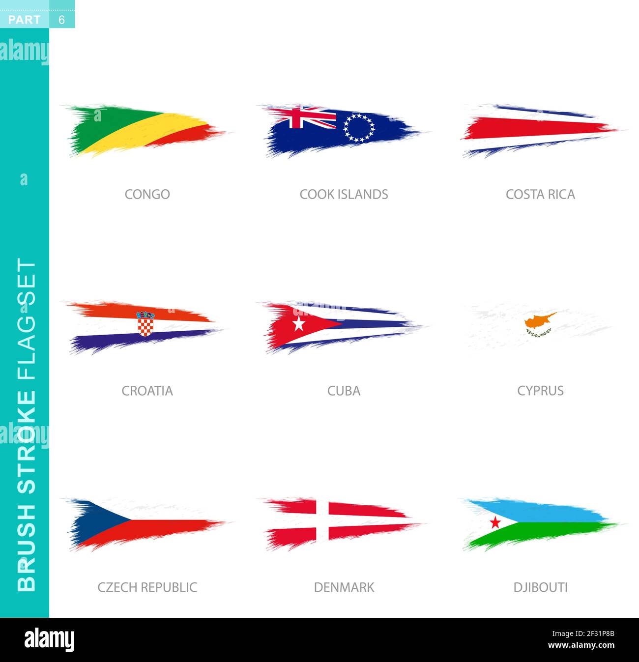 Vector brush stroke flag set, nine grunge flag: Congo, Cook Islands, Costa Rica, Croatia, Cuba, Cyprus, Czech Republic, Denmark, Djibouti Stock Vector