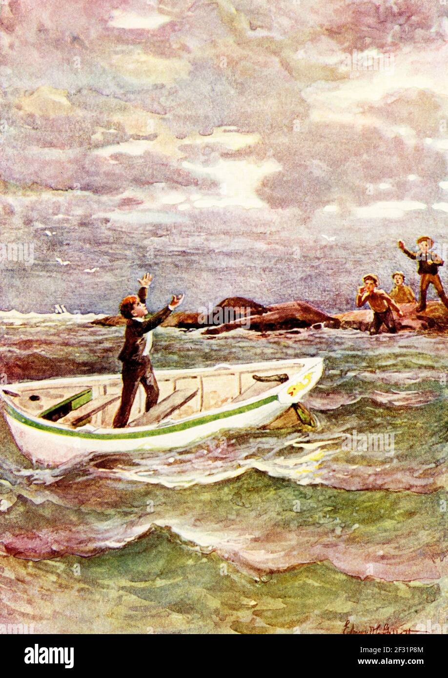 The caption for this 1902 image is: Drifting out to Sea. It is from The Cruise of the Dolphin, from The Story of a Bad Boy by Thomas Bailey Aldrich, with Tom the hero of tale. The Story of a Bad Boy is a semi-autobiographical novel published in 1869 by American writer Aldrich, fictionalizing his experiences as a boy in Portsmouth, New Hampshire. Stock Photo