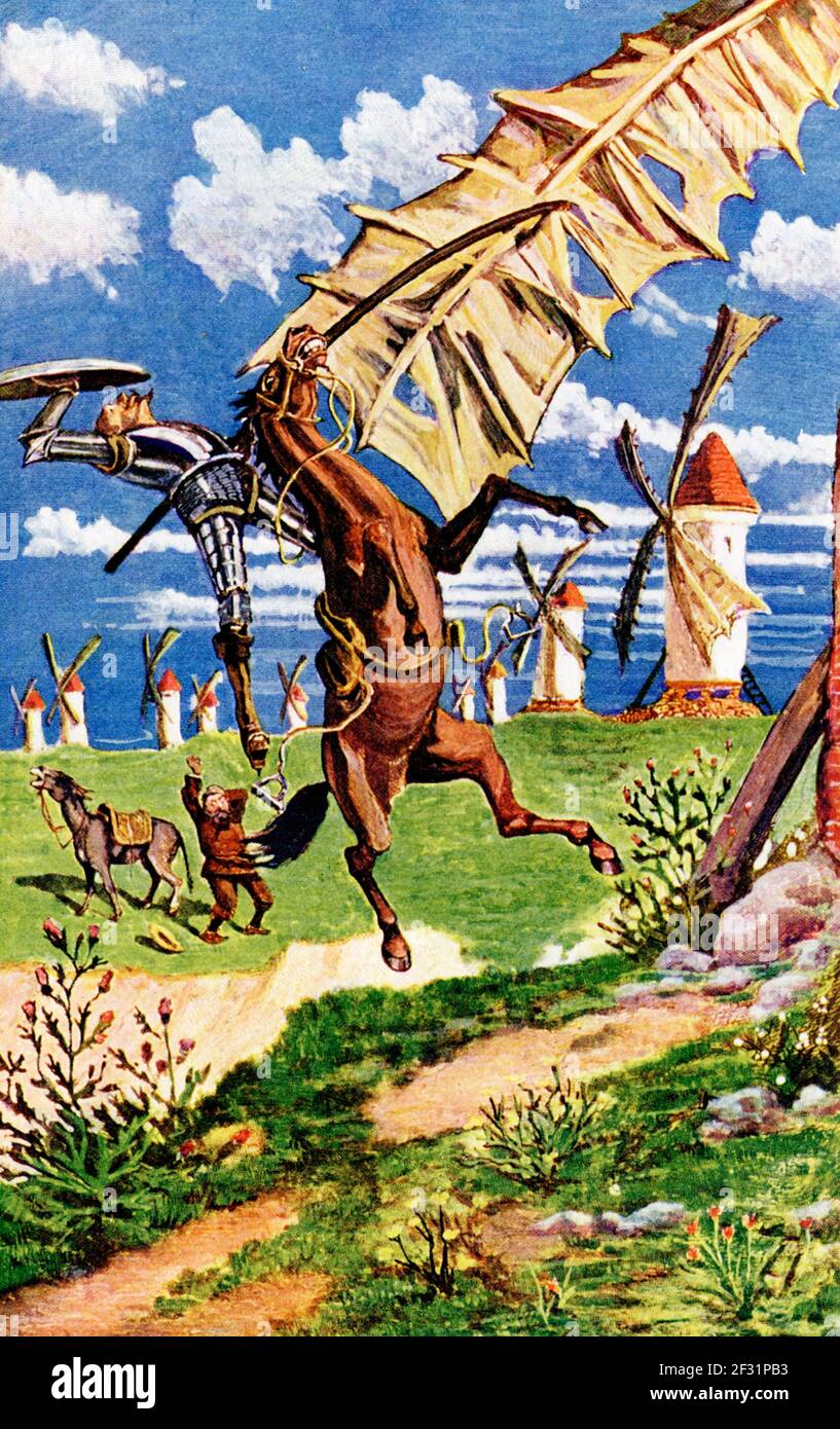 This illustration shows Don Quixote’s Adventures with Windmills. Don Quixote is a middle-aged gentleman from the region of La Mancha in central Spain, who is obsessed with the chivalrous ideals praised in books he has read. After a first failed adventure, he sets out on a second one with a somewhat befuddled laborer named Sancho Panza, whom he has persuaded to accompany him as his faithful squire. One of the most famous stories in the book is Don Quixote's fight with the windmills. He sees some windmills and thinks they are giants. When he rides to fight with them, he is knocked off his horse. Stock Photo