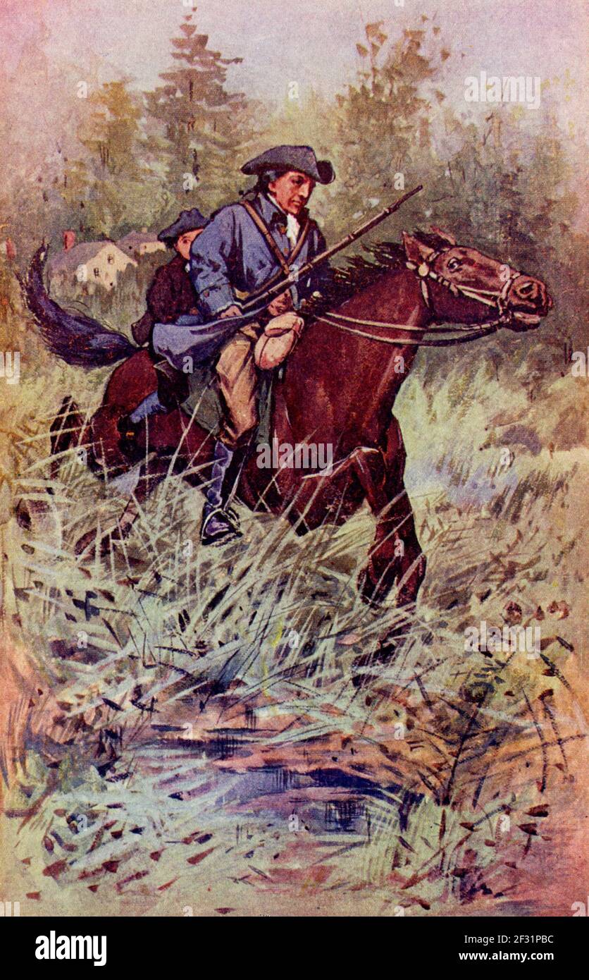 The caption for this illustration reads: And Horse Shoe Robinson put his horse to a gallop. It is from the 1835 novel, an historical romance set during the American Revolution titled Horse Shoe Robinson by John P Kennedy. A Tale of the Tory Ascendency, it was a popular seller in its day. The novel was Kennedy's second, and proved to be his most popular. Stock Photo